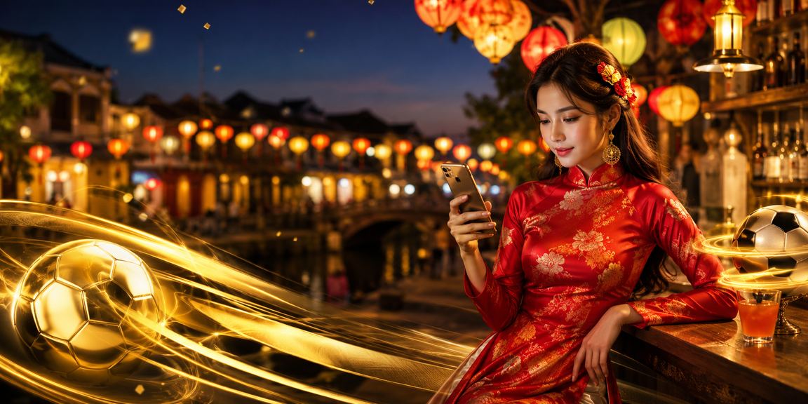 Cô gái mặc áo dài tại Hội An theo dõi cá cược thể thao trực tuyến trên điện thoại